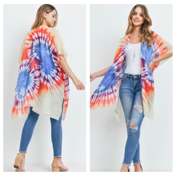 Stunning Boho Chic Tie Dye Kimono Swim Coverup Robe One Size Fits Most S-2XL - Picture 2 of 6